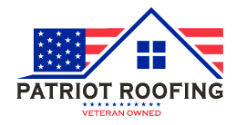 Logo for Patriot Roofing featuring an American flag roof design, house outline, and text "Patriot Roofing, Veteran Owned.
