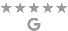 Five gray stars above a gray letter "G" on a dark background, indicating a Google five-star rating.