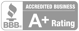 BBB Accredited Business with an A+ Rating badge, featuring the BBB torch logo and bold text indicating the high rating.