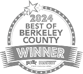 Circular badge with stars reads "2024 Best of Berkeley County Winner" above "gazette" and "INDEPENDENT," indicating an award recognition.