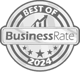 A circular badge reads "Best of BusinessRate 2024" with a rising chart icon and five stars at the bottom.