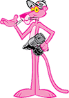 Cartoon image of the Pink Panther wearing a cap and glasses, holding a video camera in one hand and gesturing with the other.