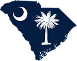 Outline of South Carolina featuring a white palmetto tree and crescent moon on a dark blue background, symbolizing the state flag.