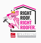 A pink panther cartoon holding a hammer next to a house-shaped logo with the text "Right Roof. Right Roofer." and Owens Corning Platinum Preferred Contractor badges.